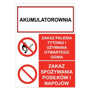 AKUMULATOROWNIA - ZAKAZ PALENIA TYTONIU... - ZAKAZ SPOŻYWANIA POSIŁKÓW..., naklejka 210x297 mm