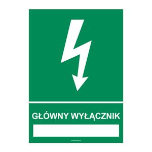 GŁÓWNY WYŁĄCZNIK ……………….., płyta PVC 1 mm, 210x297 mm