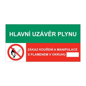 HLAVNÍ UZÁVĚR PLYNU - ZÁKAZ MANIPULACE S PLAMENEM V OKRUHU, KOMBINACE, Samolepka 150x75 mm