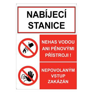 NABÍJECÍ STANICE - NEHAS VODOU ANI PĚNOVÝMI PŘÍSTROJI - NEPOVOLANÝM VSTUP ZAKÁZÁN, plast 2 mm s dírkami A5