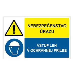 Nebezpečenstvo úrazu-Vstup len v ochrannej prilbe, kombinácia,plast 2mm,95x60mm