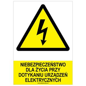 NIEBEZPIECZEŃSTWO DLA ŻYCIA PRZY DOTYKANIU URZĄDZEŃ ELEKTRYCZNYCH - znak BHP, naklejka A4