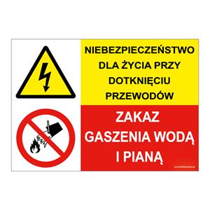 NIEBEZPIECZEŃSTWO DLA ŻYCIA PRZY... - ZAKAZ GASZENIA WODĄ I PIANĄ, ZNAK ŁĄCZONY, płyta PVC 1 mm, 210x148 mm