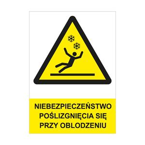 NIEBEZPIECZEŃSTWO POŚLIZGNIĘCIA SIĘ PRZY OBLODZENIU - znak BHP, płyta PVC A4, 2 mm