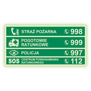 Numery alarmowe - fotoluminescencyjny znak, płyta PVC 1 mm 300x150 mm