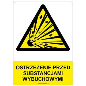 OSTRZEŻENIE PRZED SUBSTANCJAMI WYBUCHOWYMI - znak BHP z dziurkami, płyta PVC A4, 2 mm