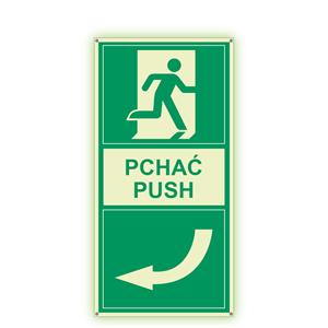 Pchać w lewo - fotoluminescencyjny znak z dziurkami, płyta PVC 2 mm 200x100 mm