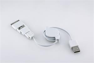 Plastový samonavíjací dátový USB kábel s redukciami Oktet - biela