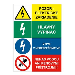 Pozor el. zariadenie-Hlavný vypínač-Vypni v nebezpečenstve-Nehas vodou, kombinácia,plast 2mm,148x210mm