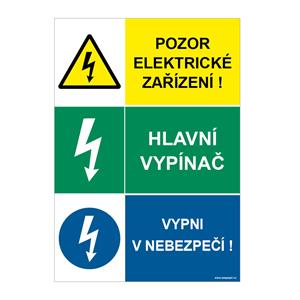 POZOR ELEKTRICKÉ ZAŘÍZENÍ - HLAVNÍ VYPÍNAČ - VYPNI V NEBEZPEČÍ, plast 2 mm, A5