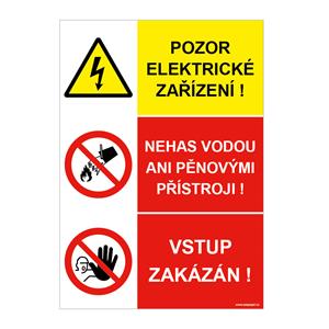 POZOR ELEKTRICKÉ ZAŘÍZENÍ - NEHAS VODOU ANI PĚNOVÝMI PŘÍSTROJI - VSTUP ZAKÁZÁN, plast 1 mm, A4