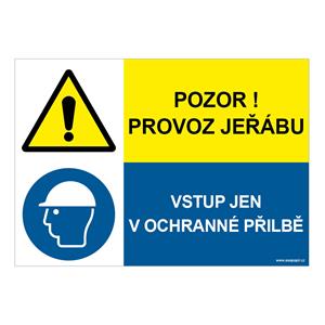 Pozor provoz jeřábu - vstup jen v ochranné přilbě, kombinace, samolepka a4