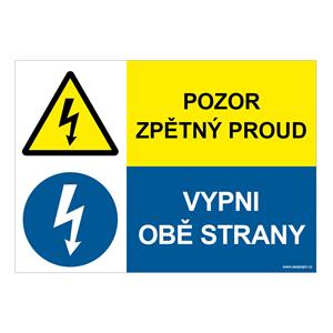 Pozor zpětný proud - vypni obě strany, kombinace, samolepka a5