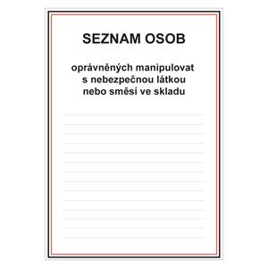 Seznam osob oprávněných manipulovat s nebezpečnou látkou nebo směsí ve skadu, plast 2 mm, a4