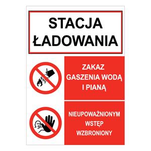 STACJA ŁADOWANIA - ZAKAZ GASZENIA WODĄ I PIANĄ - NIEUPOWAŻNIONYM WSTĘPN WZBRONIONY, naklejka 148x210 mm