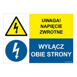 UWAGA NAPIĘCIE ZWROTNE - WYŁĄCZ OBIE STRONY, ZNAK ŁĄCZONY, płyta PVC 2 mm, 210x148 mm