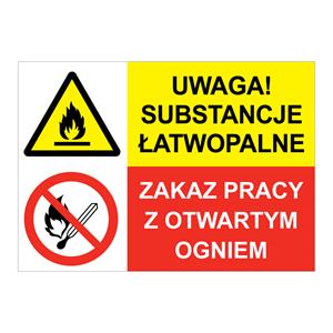 UWAGA! SUBSTANCJE ŁATWOPALNE - ZAKAZ PRACY Z OTWARTYM OGNIEM, ZNAK ŁĄCZONY, płyta PVC 2 mm, 210x148 mm