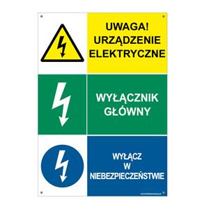 UWAGA! URZĄDZENIE ELE…- WYŁĄCZNIK GŁÓWNY - WYŁĄCZ W NIEBEZPIECZEŃSTWIE, płyta PVC 2 mm z dziurkami, 210x297 mm