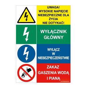 UWAGA! WYSOKIE NAPIĘCIE... - WYŁĄCZNIK GŁÓWNY - WYŁĄCZ W NIEBEZ... - ZAKAZ GASZENIA…, naklejka 148x210 mm