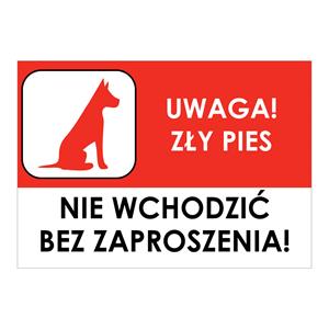 UWAGA ZŁY PIES - NIE WCHODZIĆ BEZ ZAPROSZENIA, naklejka 210x148 mm