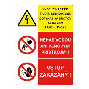 Vysoké napätie životu nebezpečné-Nehas vodou-Vstup zakázaný, kombinácia, plast 2mm s dierkami-148x210mm