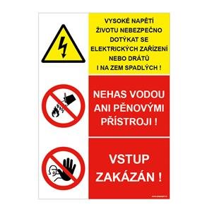 VYSOKÉ NAPĚTÍ ŽIVOTU NEBEZPEČNO DOTÝKAT SE DRÁTŮ I NA ZEM SPADLÝCH - NEHAS VODOU ANI PĚNOVÝMI PŘÍSTROJI - VSTUP ZAKÁZÁN,