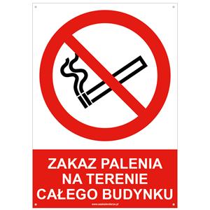 ZAKAZ PALENIA NA TERENIE CAŁEGO BUDYNKU - znak BHP z dziurkami, płyta PVC A5, 2 mm