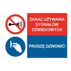 ZAKAZ UŻYWANIA SYGNAŁÓW... - PROSZĘ DZWONIĆ, ZNAK ŁĄCZONY, naklejka 210x148 mm